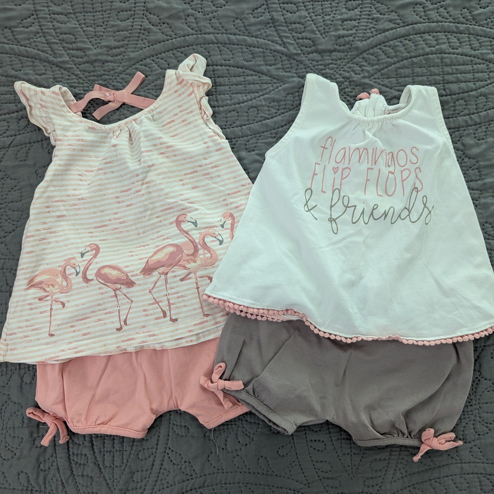 Baby Girls Pink and Gray Flamingo Tank And Short Sets